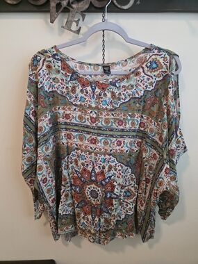 SHEIN Olive Multi Floral Medallion Boho Blouse